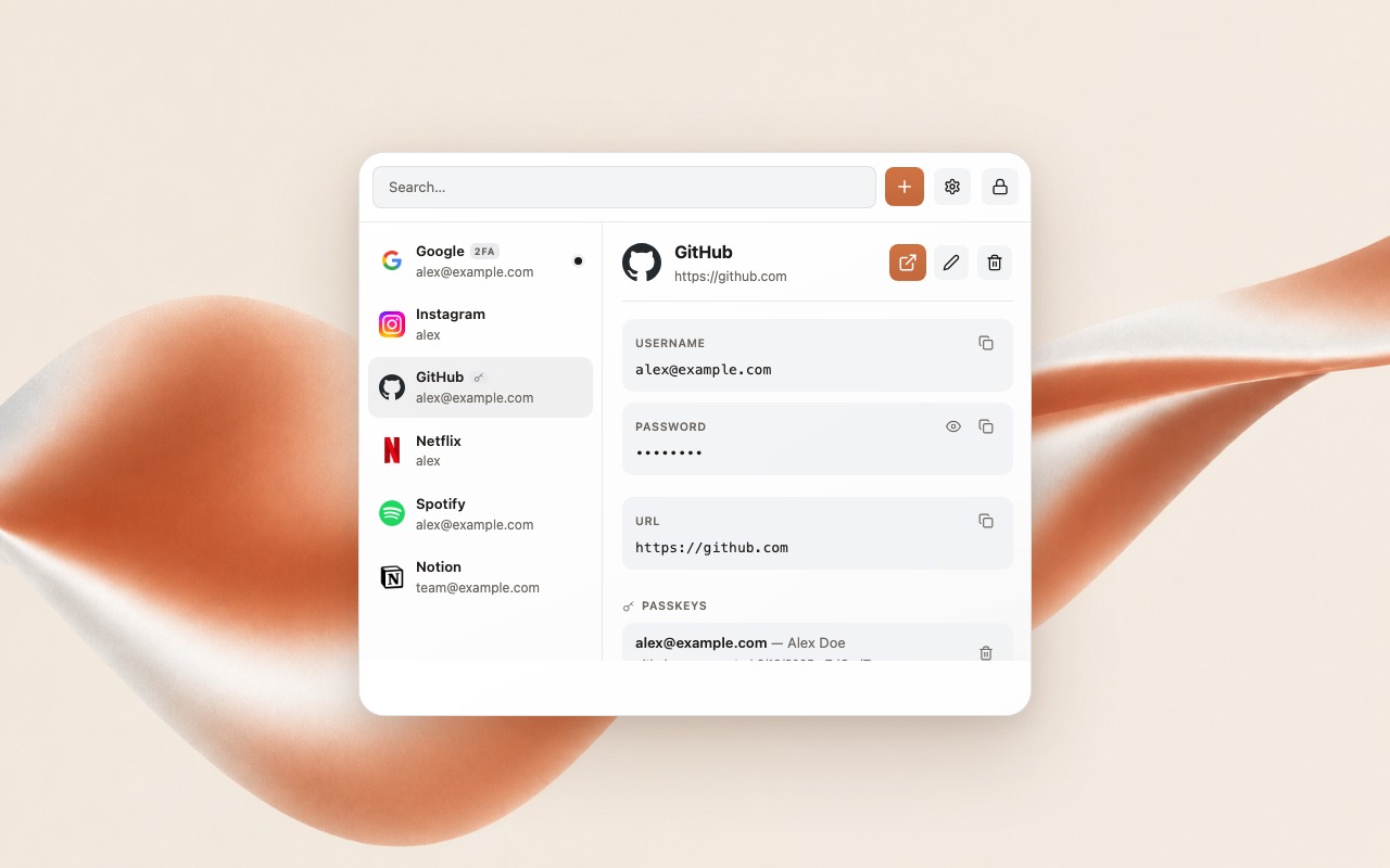 Keypeur vault with GitHub selected, a passkey badge and two locally stored passkeys