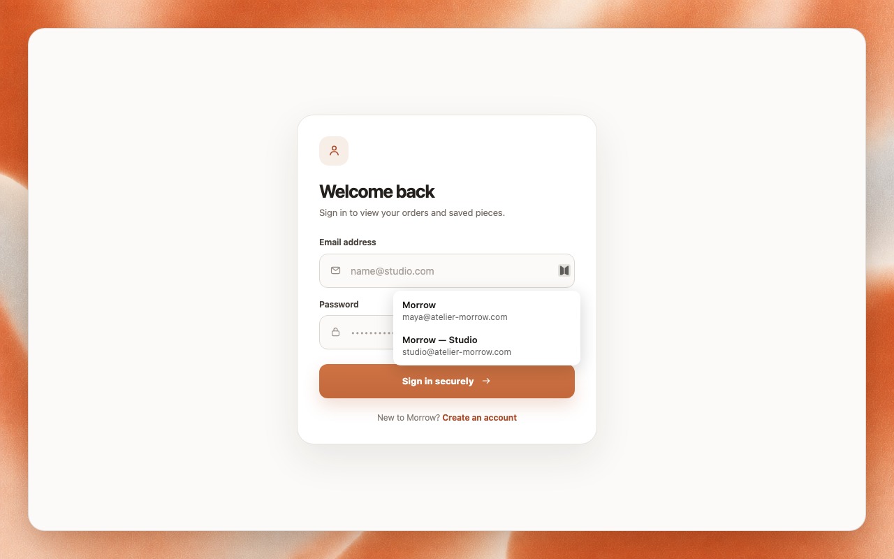 The Keypeur autofill menu on a light Morrow sign-in page, listing two saved accounts