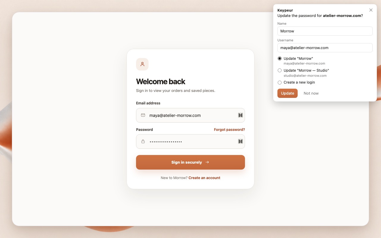 The Keypeur save and update prompt with editable fields and account selection