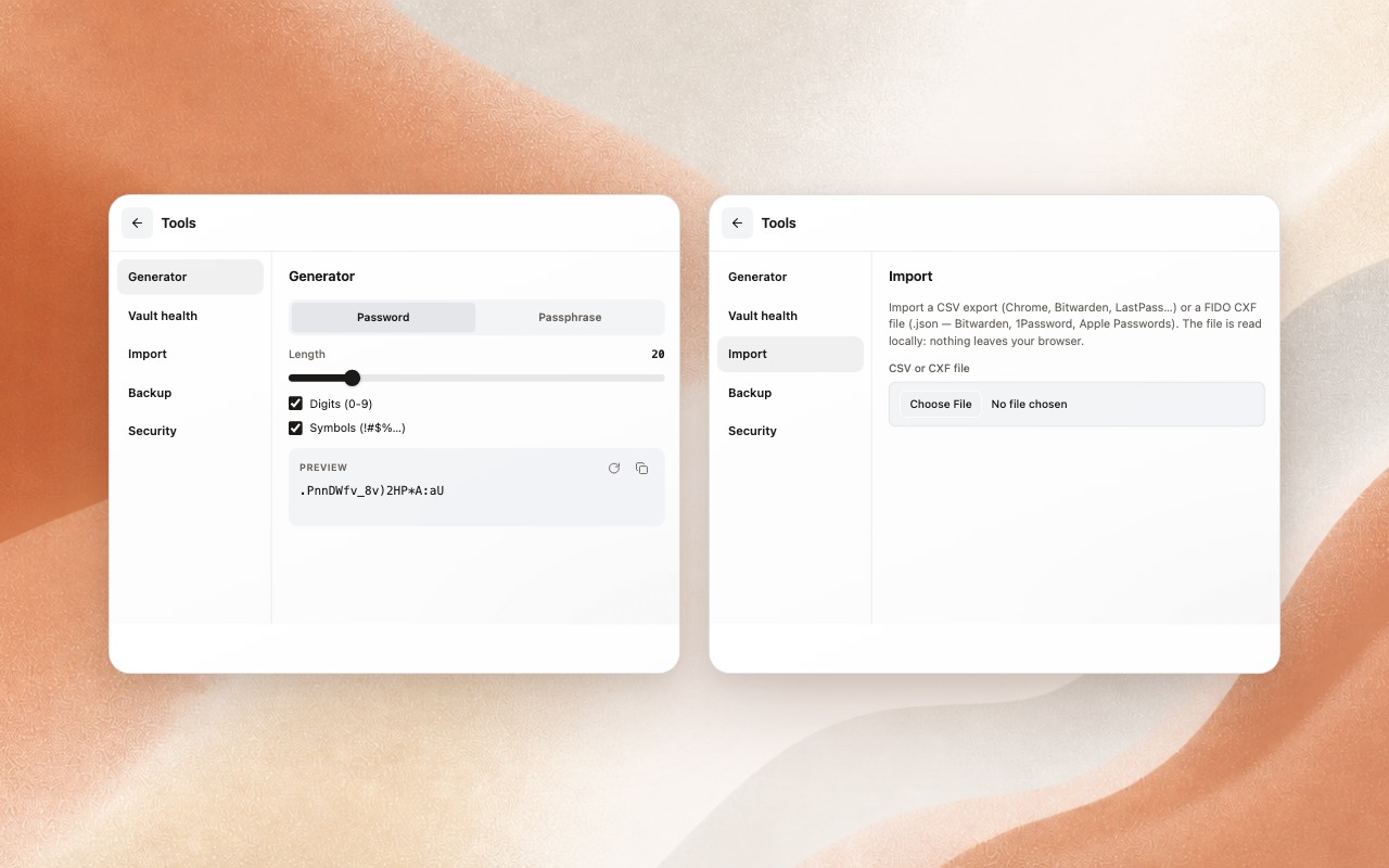 Keypeur password generator and local CSV or FIDO CXF import views