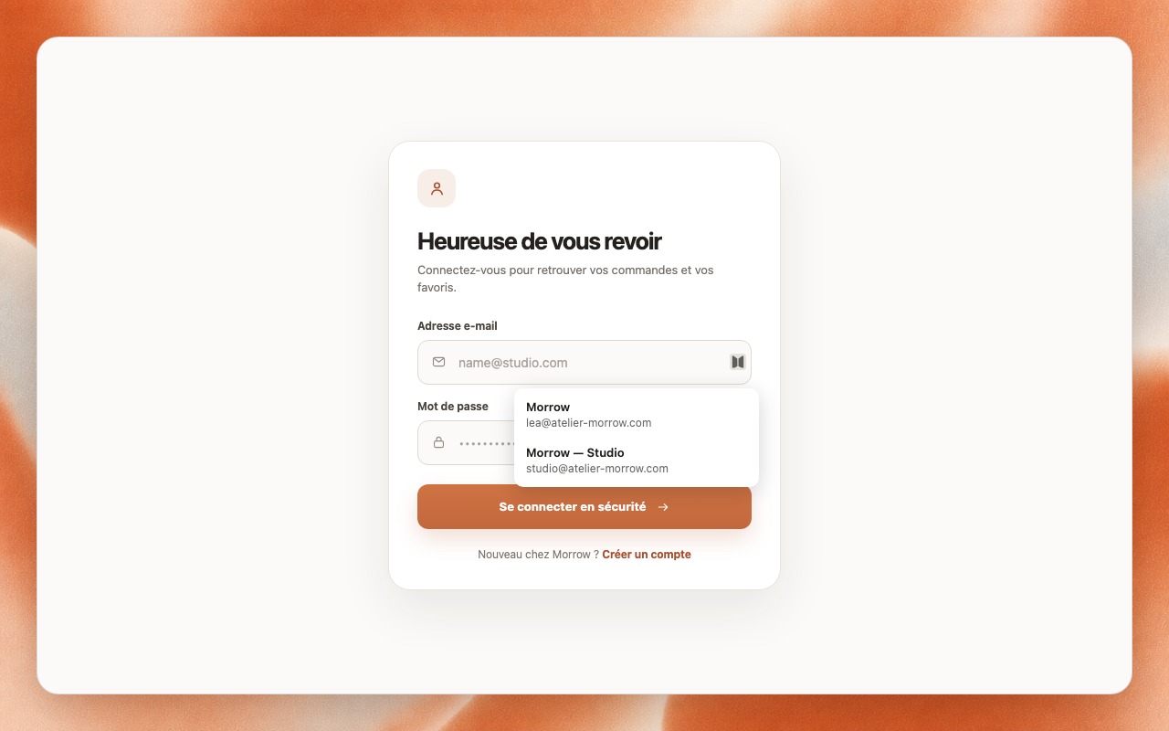 Le menu de remplissage Keypeur sur une page de connexion Morrow claire, avec deux comptes enregistrés