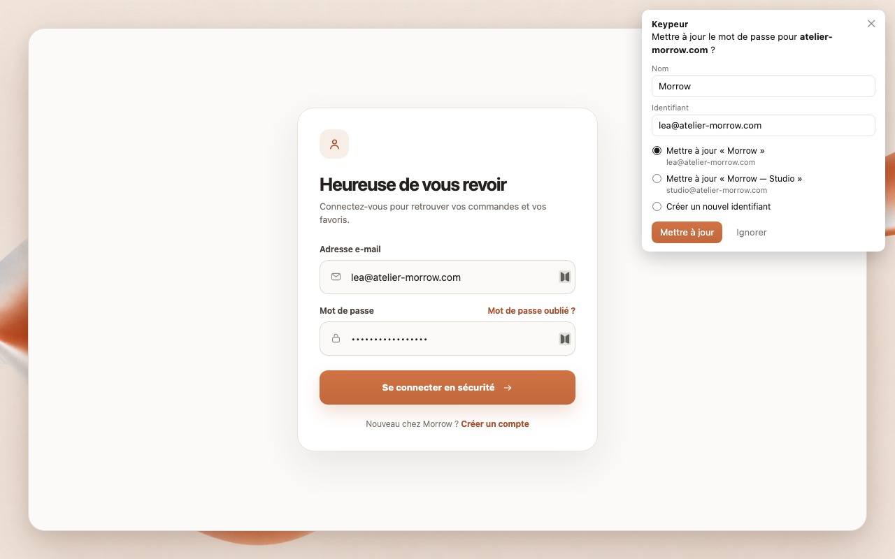 La fenêtre Keypeur d'enregistrement et de mise à jour avec champs modifiables et choix du compte