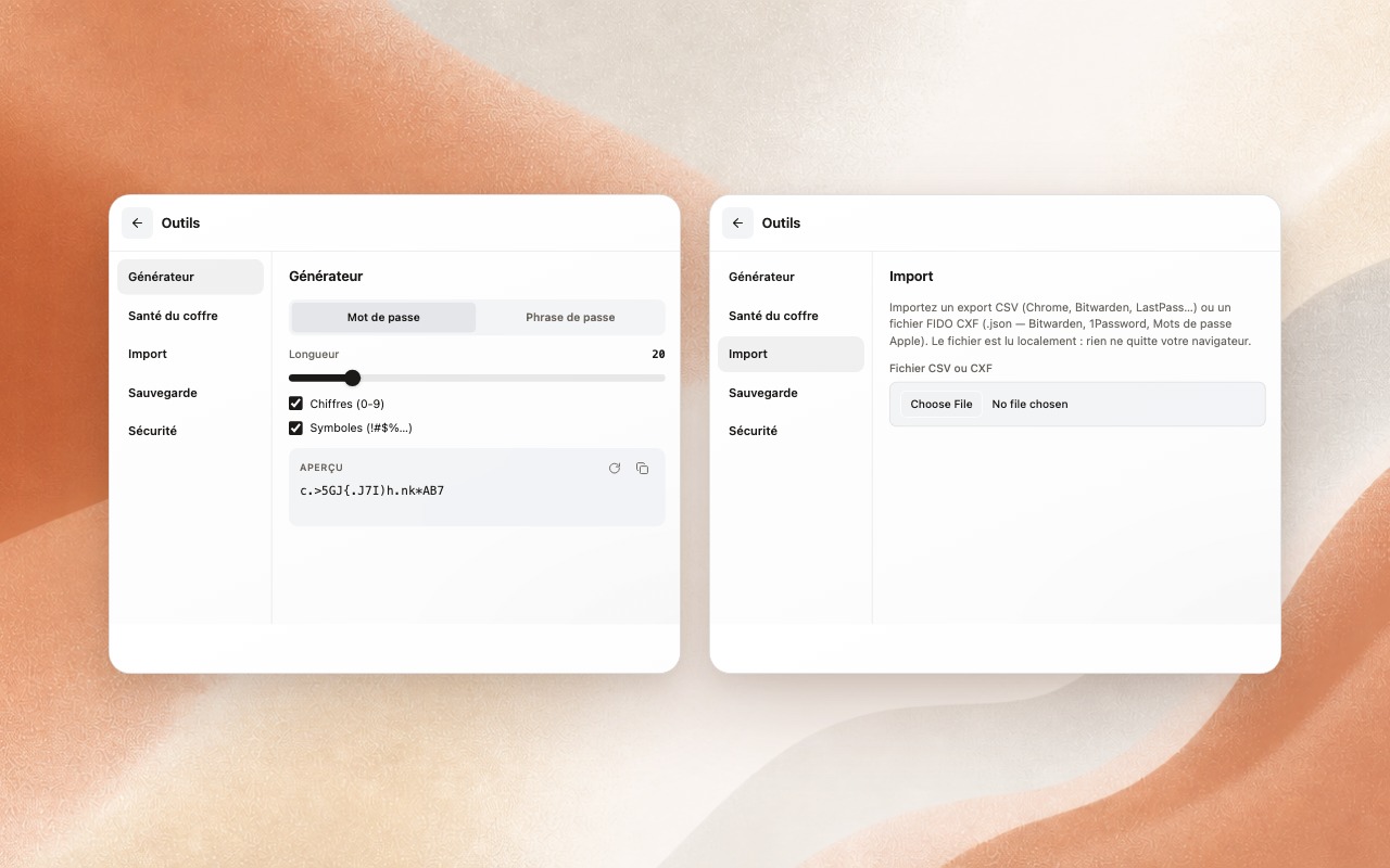 Générateur de mots de passe Keypeur et vues d'import local CSV ou FIDO CXF